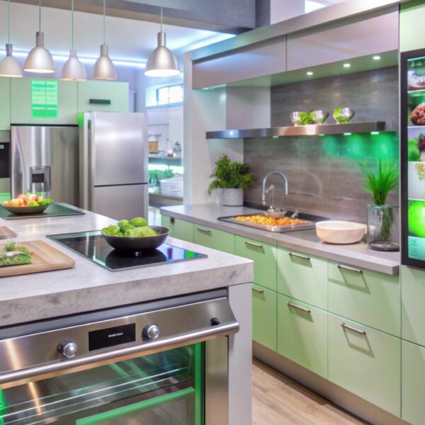 Modern kitchen interior with stainless steel appliances and green cabinets.