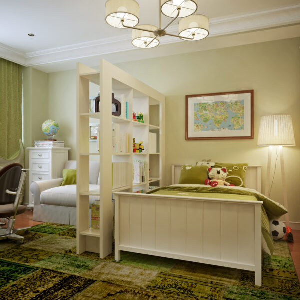 no humans, scenery, chair, lamp, curtains, indoors, computer, television, bedroom, bed, stuffed toy, window