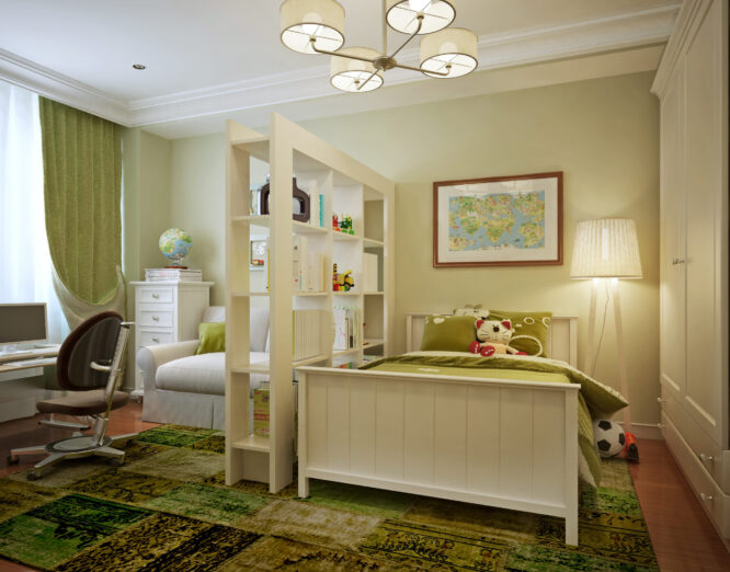 no humans, scenery, chair, lamp, curtains, indoors, computer, television, bedroom, bed, stuffed toy, window