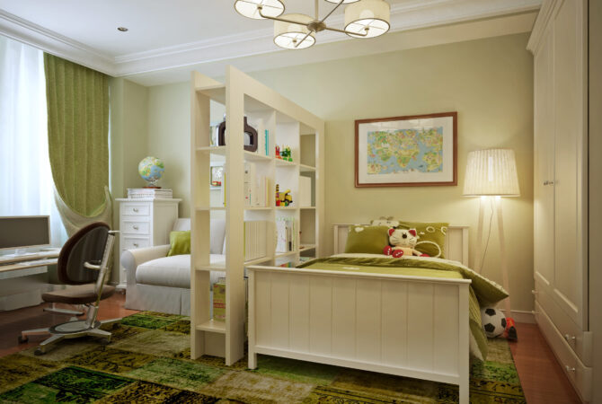 no humans, scenery, chair, lamp, curtains, indoors, computer, television, bedroom, bed, stuffed toy, window